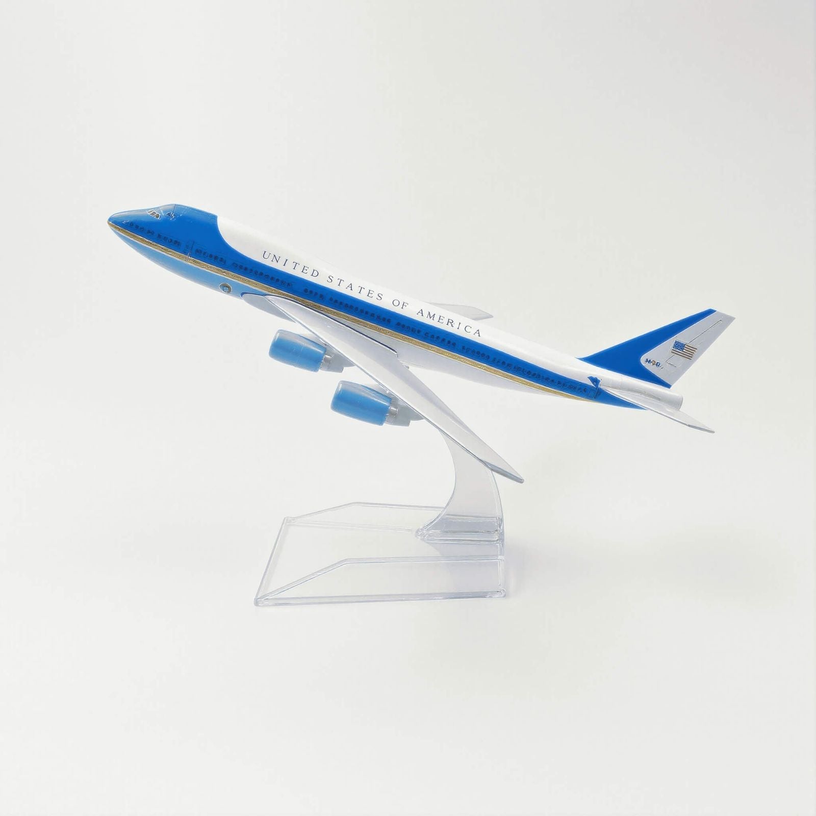 Model of a United States Air Force One airplane on a white background