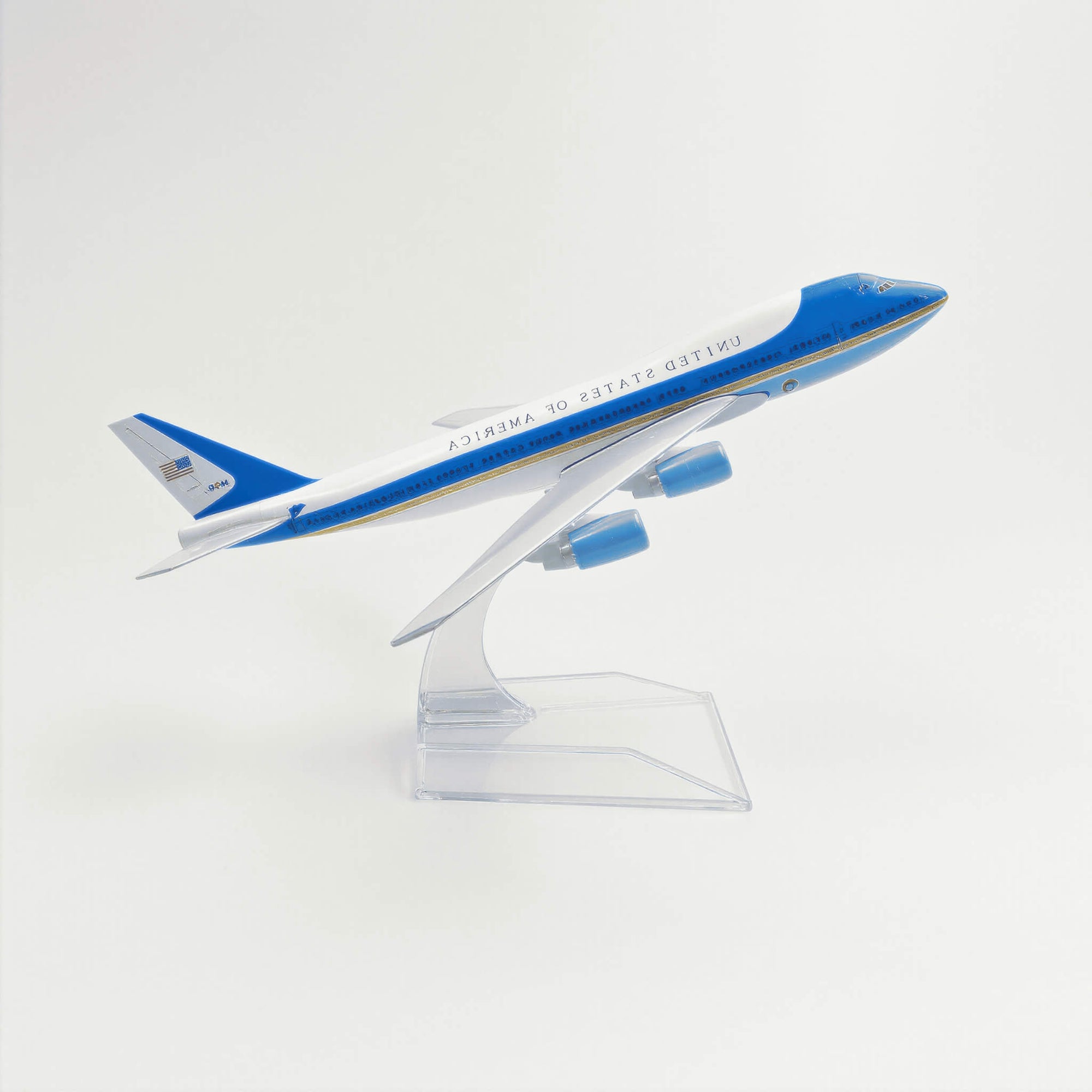 Model of a United States Air Force One airplane on a white background